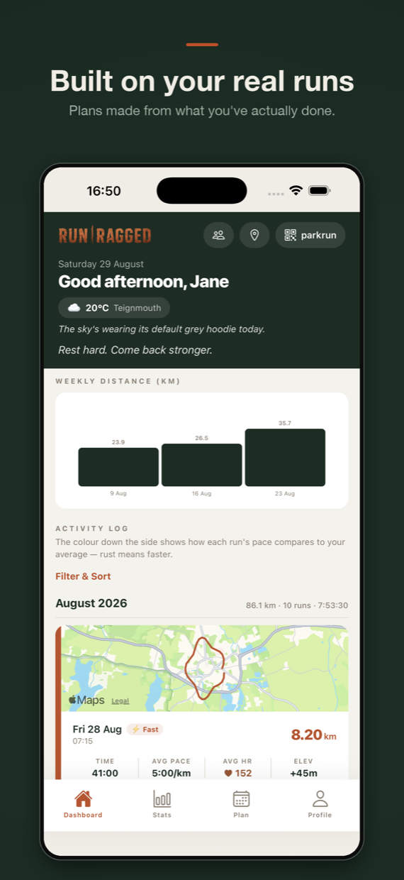 Dashboard showing recent runs, weekly distance and today's weather