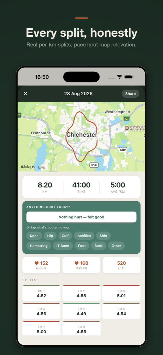Run detail with route map, per-kilometre splits and heart rate