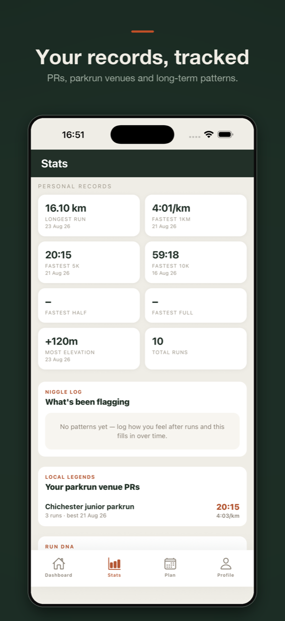 Stats screen with personal records and parkrun venue bests